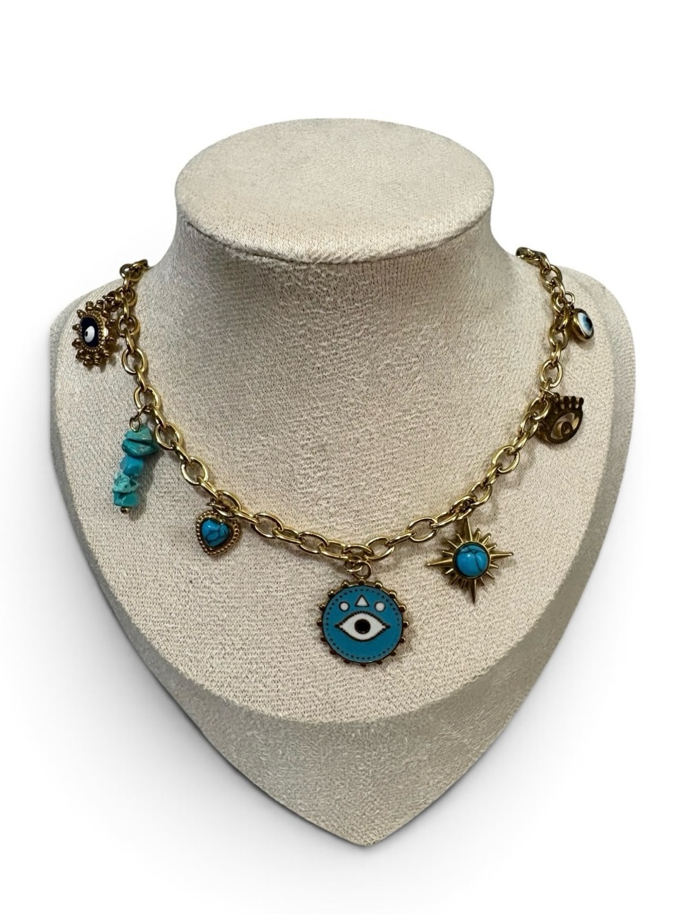Gold-Tone Turquoise Evil Eye Charm Necklace - Women Jewelry Stainless Steel New